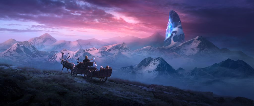 In Frozen 2, Elsa, Anna, Kristoff, and Olaf journey through an enchanted forest in search of answers. © Disney.